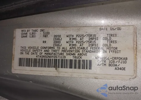 2000 Toyota Tacoma Prerunner V6 from USA, damaged, VIN 4TASN92NXYZ671119